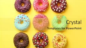  Presentation with donuts - Colorful presentation theme enhanced with delicious colorful donuts on color backdrop and a yellow colored foreground