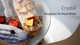  Presentation with dessert - Presentation design consisting of delicious-colourful-eclairs-with-berries background and a light gray colored foreground