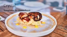 Presentation with octopus - PPT theme featuring delicious-dish-of-grilled-octopus background and a teal colored foreground