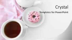  Presentation with donuts - PPT theme enhanced with delicious donuts with cup of tea on white background background and a white colored foreground
