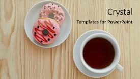  Presentation with donuts - Colorful PPT layouts enhanced with delicious donuts with cup of tea on wooden background backdrop and a soft green colored foreground