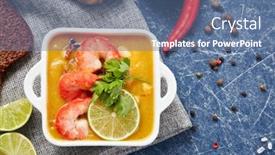  Presentation with healthy soup - Beautiful theme featuring delicious-fish-cream-soup backdrop and a ocean colored foreground