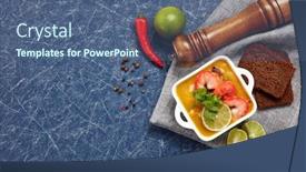  Presentation with healthy soup - Slide deck featuring delicious-fish-cream-soup background and a ocean colored foreground