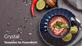  Presentation with healthy soup - PPT layouts having delicious-fish-soup-with-shrimps background and a dark gray colored foreground
