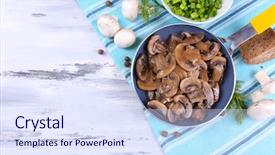  Presentation with mushrooms - Colorful presentation theme enhanced with delicious fried mushrooms in pan on table close-up backdrop and a sky blue colored foreground