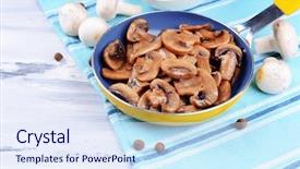  Presentation with mushrooms - Amazing PPT layouts having delicious fried mushrooms in pan backdrop and a sky blue colored foreground