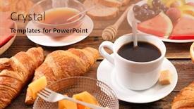  Presentation with tea croissant - Presentation theme having delicious-full-breakfast-with-coffee background and a coral colored foreground