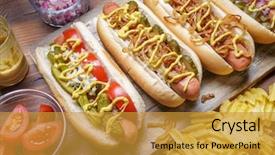  Presentation with gourmet food delivery - Slide deck featuring delicious gourmet grilled hot dog background and a gold colored foreground