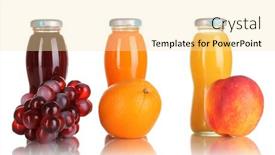  Presentation with fruit juice bottle - Theme featuring delicious grapes orange and apple juice in glass bottle and fruit next to it isolated on white background and a blonde colored foreground