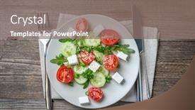  Presentation with feta cheese - Audience pleasing presentation design consisting of delicious greek salad with cubes of feta cheese served on a white plate topview backdrop and a gray colored foreground