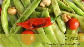 Presentation with beans - Presentation enhanced with delicious green beans mushrooms and cherry tomatoes closeup background and a yellow colored foreground