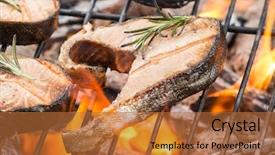 Presentation with steaks - Beautiful presentation theme featuring delicious grilled salmon steaks on fire backdrop and a red colored foreground