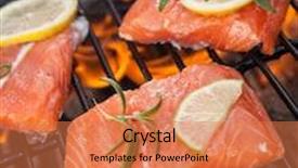  Presentation with steaks - Presentation theme enhanced with delicious grilled salmon steaks on fire background and a coral colored foreground