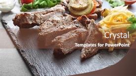  Presentation with frites - Presentation theme consisting of delicious grilled steak frites on slate plate background and a tawny brown colored foreground