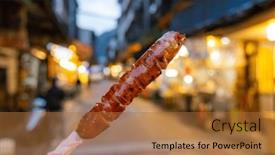  Presentation with food market - PPT theme with delicious-grilled-taiwanese-sweet-pork background and a red colored foreground