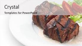  Presentation with tenderloin - Colorful presentation theme enhanced with delicious grilled tenderloin steak served with mushroom sauce and vegetables isolated on white backdrop and a white colored foreground