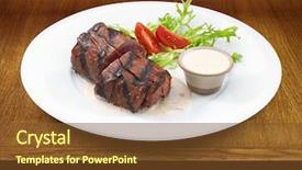  Presentation with tenderloin - Theme with delicious grilled tenderloin steak served with mashroom sauce and vegetables wooden table background and a tawny brown colored foreground
