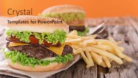  Presentation with hamburger - Presentation having delicious hamburger on wooden background background and a yellow colored foreground