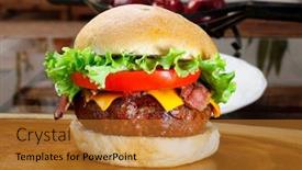  Presentation with cheddar - Colorful presentation design enhanced with delicious-hamburger-with-meat-lettuce backdrop and a gold colored foreground
