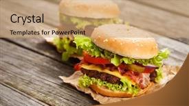  Presentation with hamburger - Presentation featuring delicious hamburgers on wooden background background and a coral colored foreground