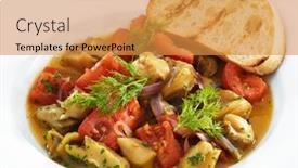  Presentation with meat food - Amazing slide set having delicious healthy backed rapana meat served with tomatoes and sweet onion in tomato sauce with toasted bread gourmet sea food isolated on white backdrop and a gold colored foreground