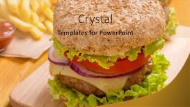  Presentation with hamburger - Audience pleasing PPT theme consisting of delicious healthy hamburger on whole wheat bun and french fries backdrop and a coral colored foreground