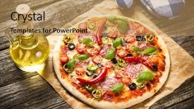  Presentation with pizza - Colorful PPT theme enhanced with delicious home made pizza on wooden background backdrop and a coral colored foreground