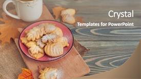  Presentation with maple leaf - Beautiful theme featuring delicious homemade cookies in the form of a maple leaf oak leaves and acorns on wooden background backdrop and a coral colored foreground