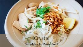  Presentation with healthy soup - Audience pleasing PPT layouts consisting of delicious-homemade-vietnamese-soup-pho backdrop and a coral colored foreground