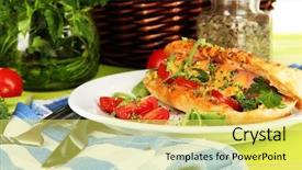  Presentation with picnic - Theme with old and damaged brick building with stucco and wooden fence background and a coral colored foreground