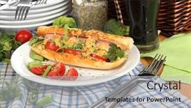  Presentation with dog cruelty - Presentation design enhanced with delicious hot dog on plate background and a light gray colored foreground