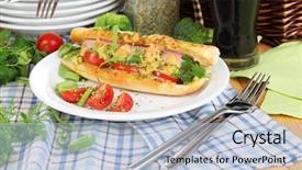  Presentation with human and dog paw print - Presentation design featuring delicious hot dog on plate background and a light blue colored foreground