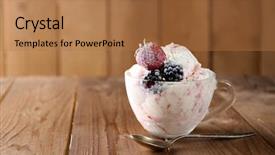  Presentation with ice frozen - Cool new theme with delicious ice cream with fresh frozen berries on rustic wooden background backdrop and a coral colored foreground