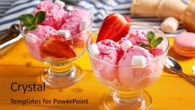 Presentation with ice cream strawberry - Audience pleasing PPT theme consisting of delicious ice-cream with strawberry backdrop and a gold colored foreground