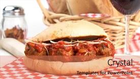  Presentation with meatball - Amazing theme having delicious italian meatball with marinara sauce sub sandwich with a basket of crusty rolls and a glass of red wine in the background backdrop and a coral colored foreground