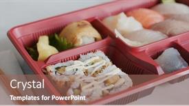  Presentation with lunch box - PPT layouts having delicious-japanese-sushi-lunch-box background and a coral colored foreground