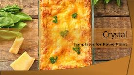  Presentation with food lasagna - Audience pleasing slides consisting of delicious lasagna with spinach backdrop and a gold colored foreground
