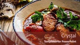  Presentation with sausages - PPT theme having delicious-letcho-vegetables-with-sausages background and a tawny brown colored foreground