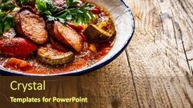  Presentation with sausages - Presentation consisting of delicious-letcho-vegetables-with-sausages background and a tawny brown colored foreground