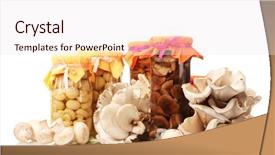  Presentation with mushrooms - PPT theme enhanced with delicious marinated mushrooms in the glass jars raw champignons and oyster mushrooms isolated on white background and a sky blue colored foreground