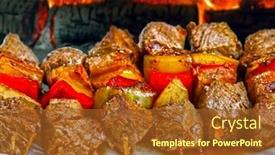  Presentation with meat food - Colorful PPT theme enhanced with delicious-meat-skewer-grilled-food backdrop and a tawny brown colored foreground