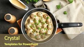  Presentation with frying - Slide deck having delicious meatballs in sauce background and a tawny brown colored foreground