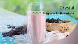  Presentation with blackberry - PPT theme consisting of delicious milk shake with blackberry on wooden table on natural background background and a mint green colored foreground