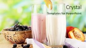  Presentation with blackberry - Amazing PPT theme having delicious milk shakes with blackberry and peach on wooden table on natural background backdrop and a soft green colored foreground