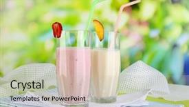  Presentation with yogurt fruits milk shake - Colorful presentation theme enhanced with delicious milk shakes with strawberries and peach on wooden table on natural background backdrop and a mint green colored foreground