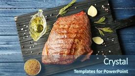  Presentation with blue circuit board solderings - Theme consisting of delicious moist steak on board background and a  colored foreground