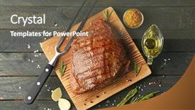  Presentation with steak - Amazing slide deck having delicious moist steak on board and grey wooden background backdrop and a gray colored foreground