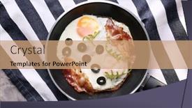  Presentation with bacon - Slide deck consisting of delicious over hard eggs with bacon olives and arugula in pan on kitchen table background and a coral colored foreground