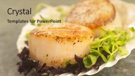  Presentation with sea shell - Beautiful PPT theme featuring delicious pan seared sea scallop with lettuce and pea shoots served on a scallop shell backdrop and a coral colored foreground