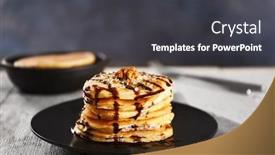  Presentation with chocolate nuts - Slides consisting of delicious pancakes with chocolate syrup and nuts on black plate background and a dark gray colored foreground